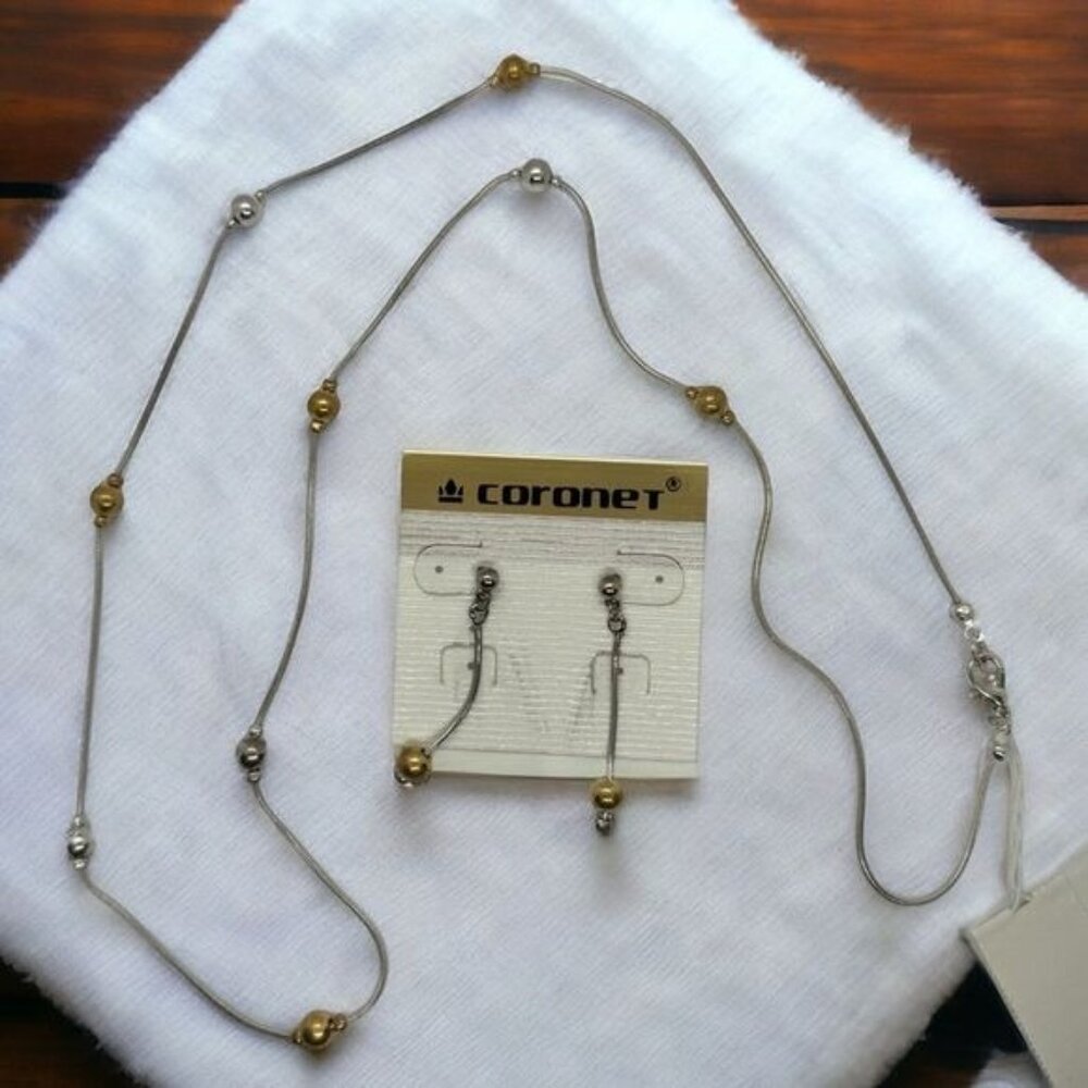 Vintage Coronet Jewelry Set Earrings &‎ 30” Necklace Gold Silver Tone Ball Bead